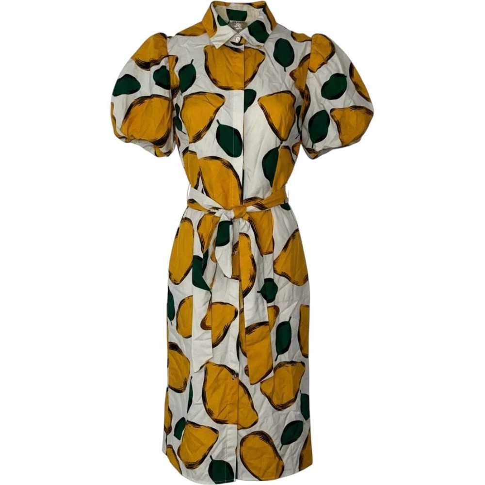 HER Destiny Lemon Print Dress Womens L Yellow Puff Sleeve Fruit Print Market